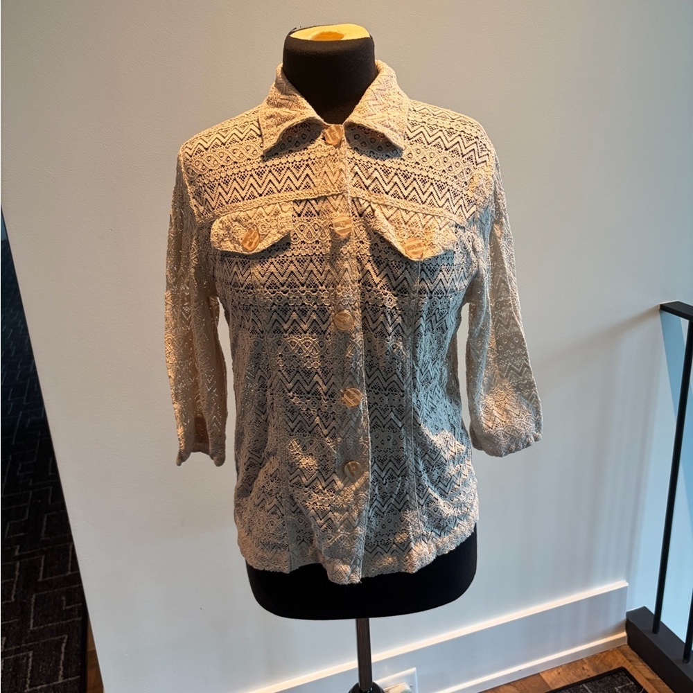 Y2K sheer lace button front blouse petite boho romantic top - Picture 3 of 5